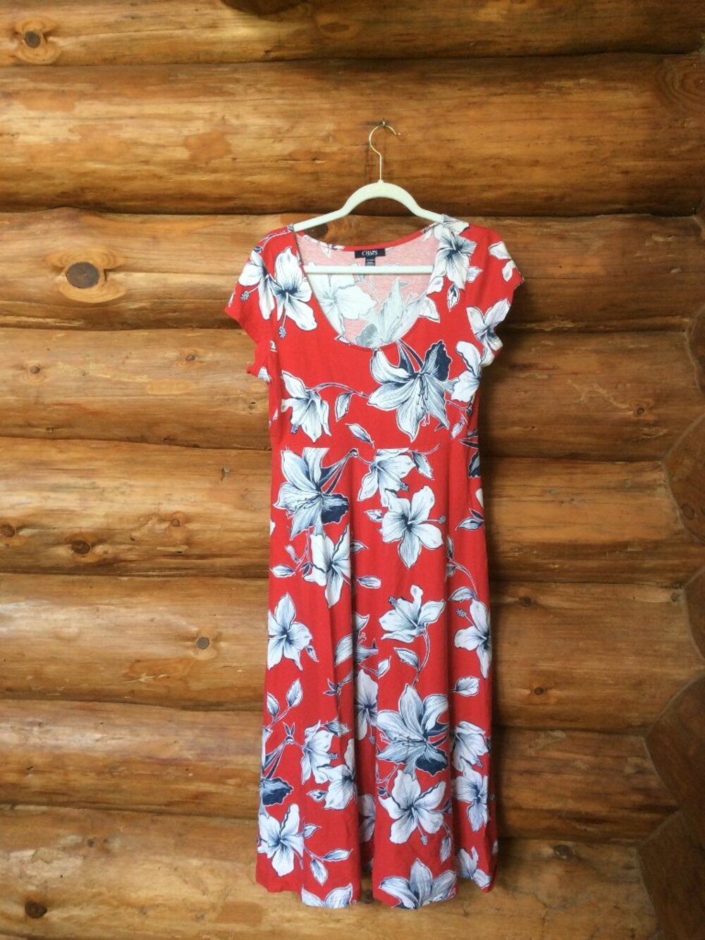 Chaps Red Tropical Hawaiian Hibiscus Floral Maxi Dress Size Large Petite